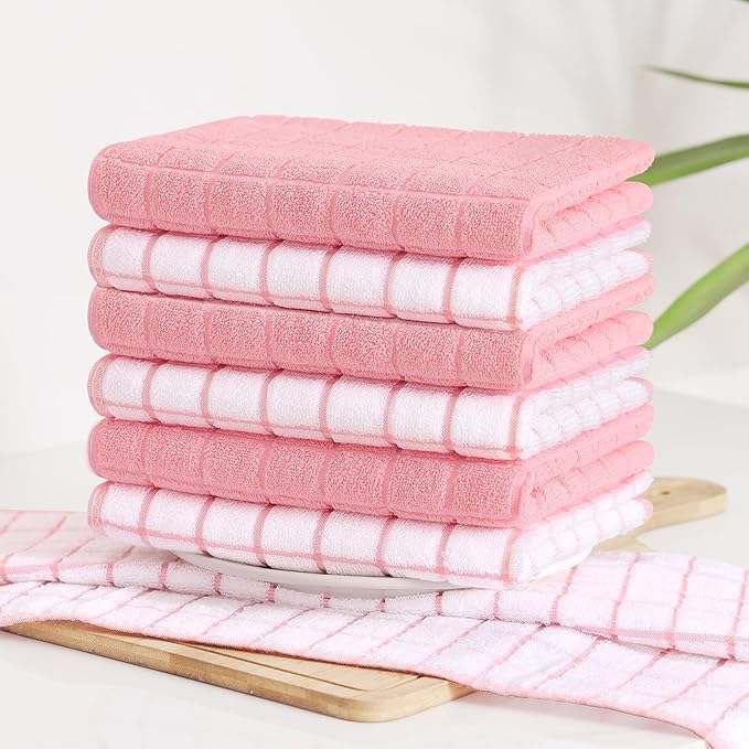 Homaxy Premium Cotton Kitchen Towels 16"x 28", Large Natural Ring Spun 390 GSM Dish Towels, Super Absorbent Terry Kitchen Hand Towels, Soft Tea Towels with Hanging Loop, Pink Check Design, 12 Pack