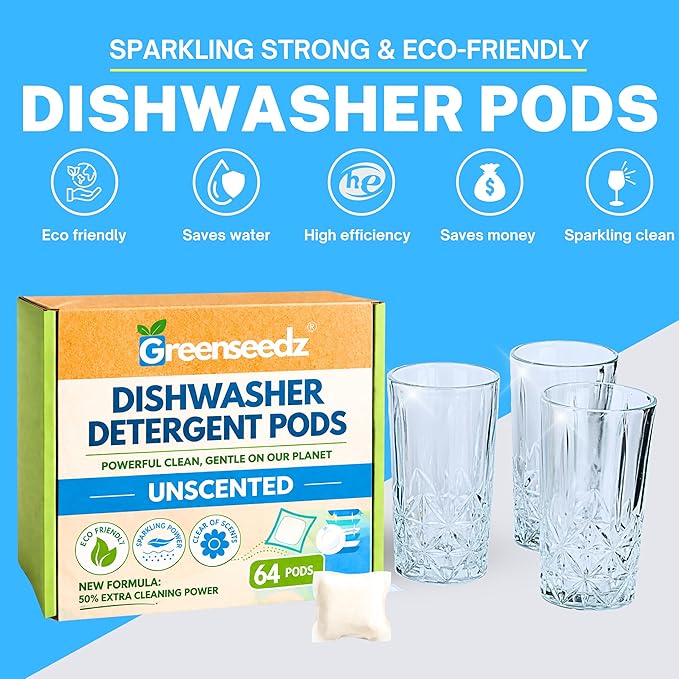 Dishwasher Detergent Pods Free & Clear, Unscented, Eco Friendly, Cuts Grease, 64 Count, Powerful Formula for Sparkling Clean Dishes, Automatic Dishwasher Safe
