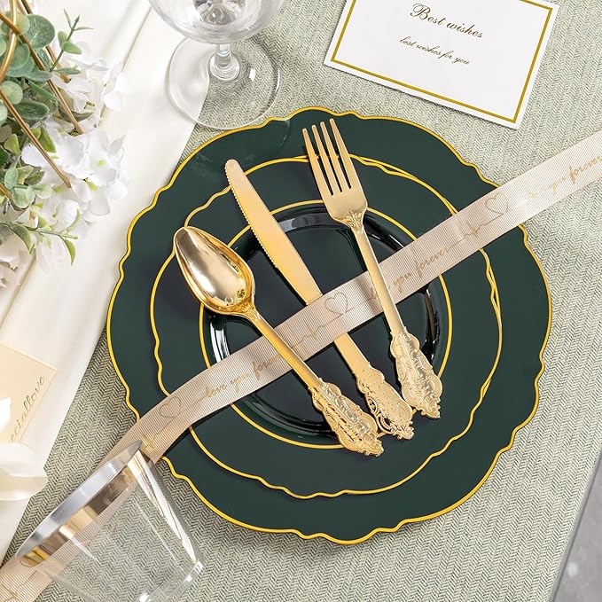 Liacere 350PCS Green Plastic Plates - Dark Green Disposable Plates With Gold Rim - 50Guest Baroque Plastic Dinnerware include 100Plates-50Pcs Pre Rolled Napkins with Silverware 50Cups for Party