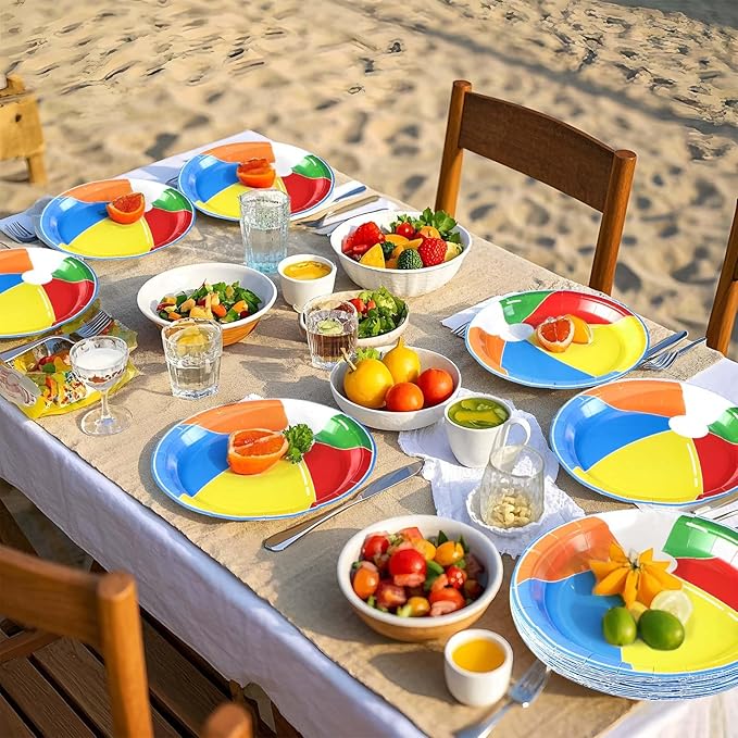 Grencian 50 Pcs Beach Ball Paper Plates 10" Large Summer Pool Party Plates Disposable Heavy Duty Beach Ball Tableware for Kids Summer Holiday Pool Party Supplies Baby Shower Birthday Decorations