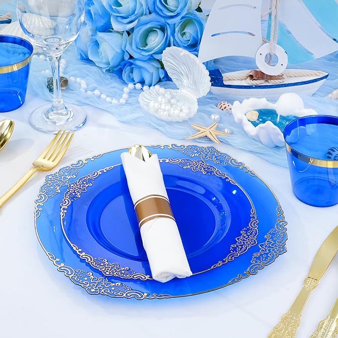 Bestluck 350 PCS Blue and Gold Plastic Plates, Disposable Dinnerware Set for 50 Guests, 100 Disposable Plates, 150 Silverwares, 50 Cups, 50 Napkins for Wedding, Party, Graduation