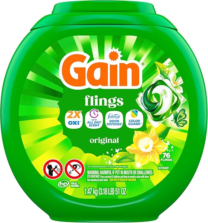 Gain Flings Liquid Washing Detergent Pacs, Now with Odor Defense + Color Guard, Original Scent, 4-In-1 Liquid Laundry Detergent Pods, Clean & Fresh, 76 Count (Packaging May Vary)