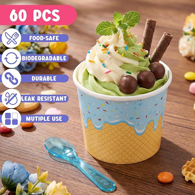 Jingmore 60 Set Paper Ice Cream Cups Bulk with Spoons 4 oz Disposable Sundae Bowls Colorful Paper Dessert Cups Containers for Snack Yogurt Soup Summer Bar Party Supplies