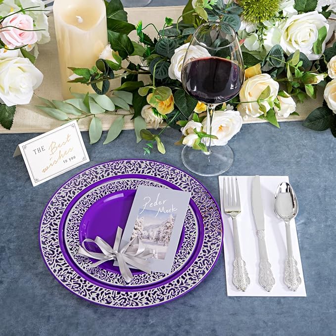 U-QE 150PCS Purple Silver Plastic Plates with Silver Silverware, Silver Party Supplies for 30 Guests Include 30 10.25" and 30 7.5" Plates, 30 Forks, 30 Knives, 30 Spoons