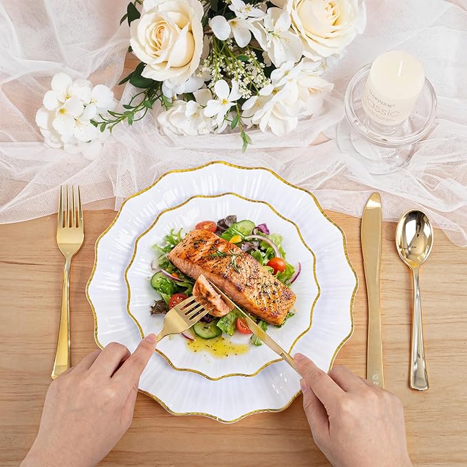 U-QE 150PCS White and Gold Plastic Plates with Gold Disposable Silverware for 30 Guests, Vintage White Plastic Plates Include 30 Dinner Plate,30 Dessert Plate,90 Cutlery for Bridal Shower, Party