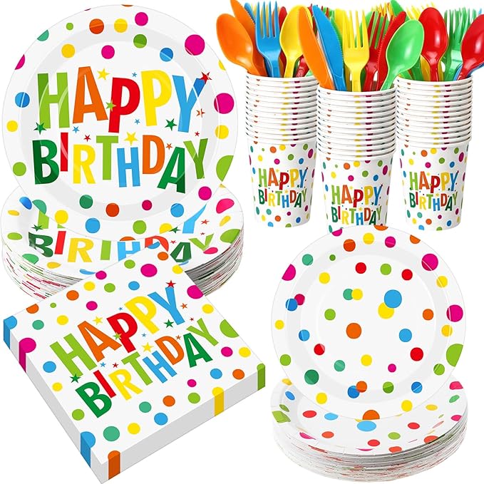 Pickmesh 400 Pcs Happy Birthday Decoration Set, Colorful Polka Dots Plates and Napkins Party Supplies, Disposable Plates and Cups with Plastic Cutlery for Birthday Party Favor