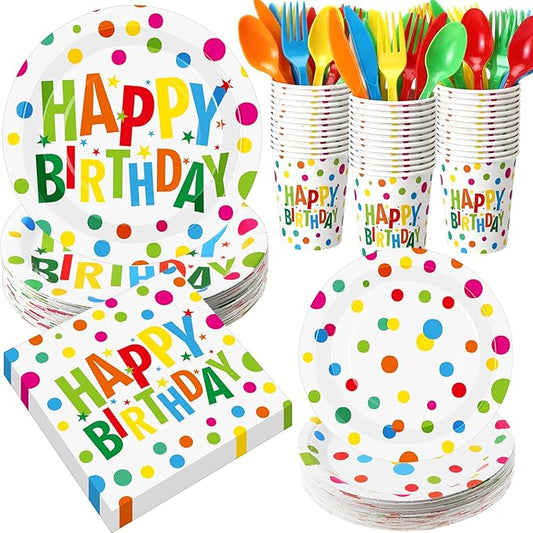 Pickmesh 400 Pcs Happy Birthday Decoration Set, Colorful Polka Dots Plates and Napkins Party Supplies, Disposable Plates and Cups with Plastic Cutlery for Birthday Party Favor