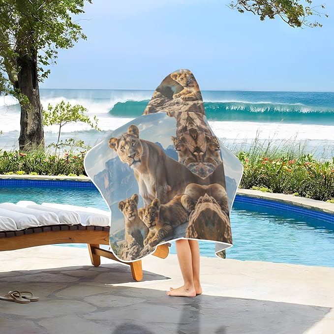 Hooded Towel for Kids Lion Family in Natural Habitat Beach Wrap Bath Towels 50x23.5in