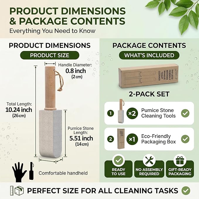 2-in-1 Natural Pumice Stone: Foot File & Multi-Surface Cleaner for Toilet, Tile, Bathroom – Removes Hard Water Rings, Rust, Calluses – Hygienic No-Touch Use, Non-Scratch, Shapeable – 2 Pack