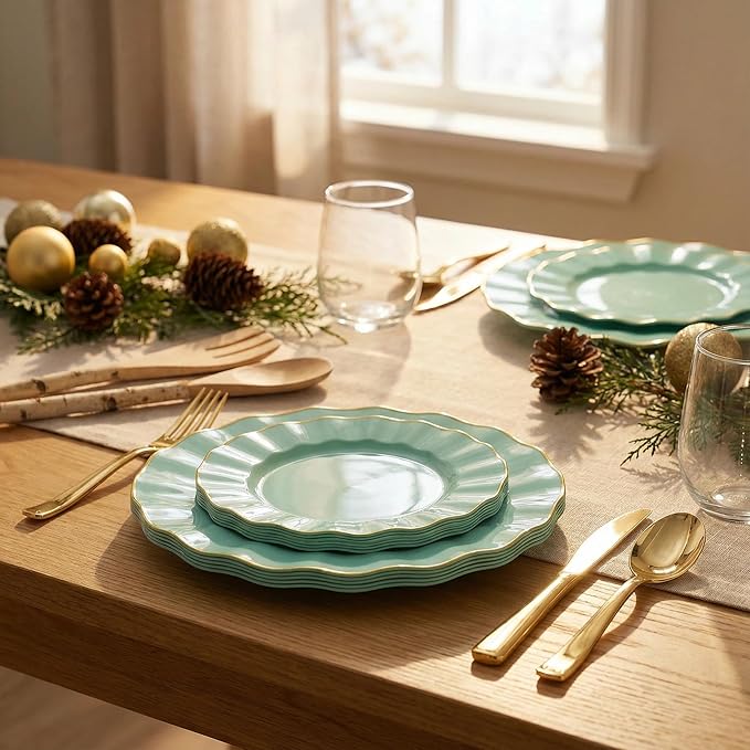 60Pcs Sage Green Plastic Plates, Ware Sage Green Disposable Plates with Gold Rim, Fancy Plastic Plate Include 30 Dinner & Dessert Plate for Easter Spring Wedding