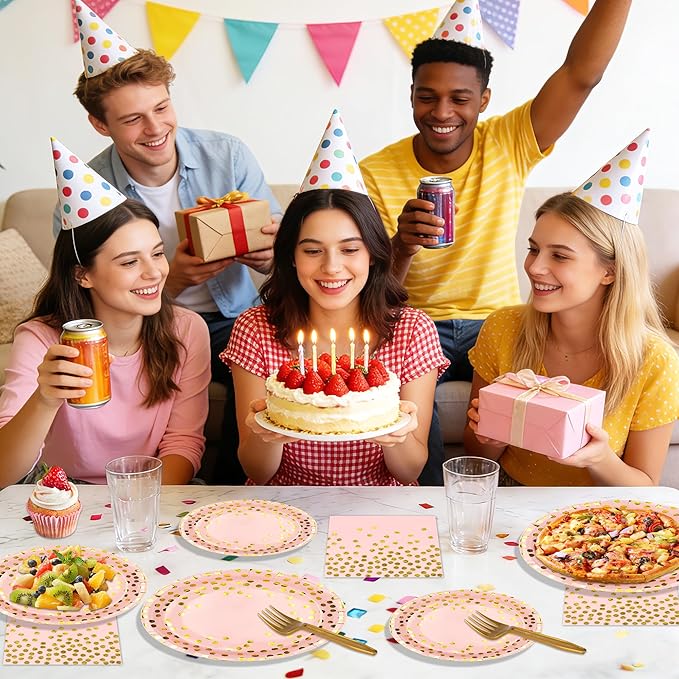 100 Pcs Pink and Gold Paper Plates and Napkins Party Supplies,Serves 25 Guests Pink Gold Plates and Napkins,Disposable Paper Tableware Set for Birthday Wedding Bridal Shower Baby Shower Decorations