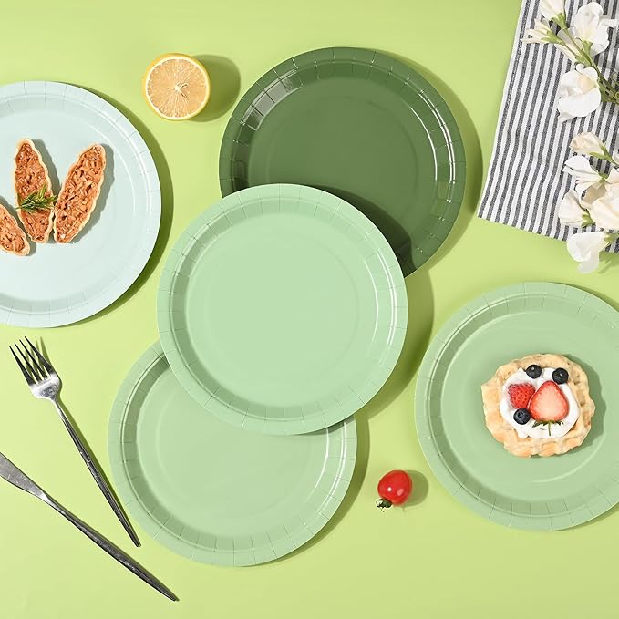 AimFun 24 Sage Green Paper Plates Gradient Green Party Plates 9 Inch Disposable Round Dinner Plates for St Patrick Day Birthday Wedding Baby Bridal Shower Party Supplies