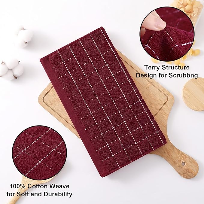 Homaxy 100% Cotton Terry Kitchen Dish Cloths, Ultra Soft and Absorbent Dish Towels for Kitchen, Suitable for Drying and Washing Dishes, 8 Pack, 12 x 12 Inches, Burgundy Red