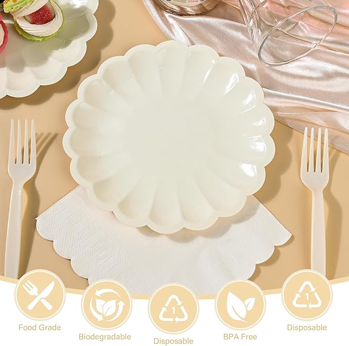 75 Pcs Ivory Paper Plates and Napkins Disposable Tableware Set Include Cream Scalloped Plates with Shell Edge, Napkins & Plastic Forks for Wedding Baby Shower Birthday Party, Serve for 25 Guests