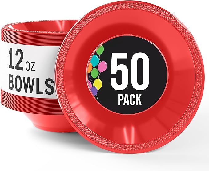 Party Solids 12 Oz Red Plastic Bowls Disposable Bowls for Hot Food Soup 50 Pcs - For Soup, Salad, Cereal, Desserts & Party Supplies