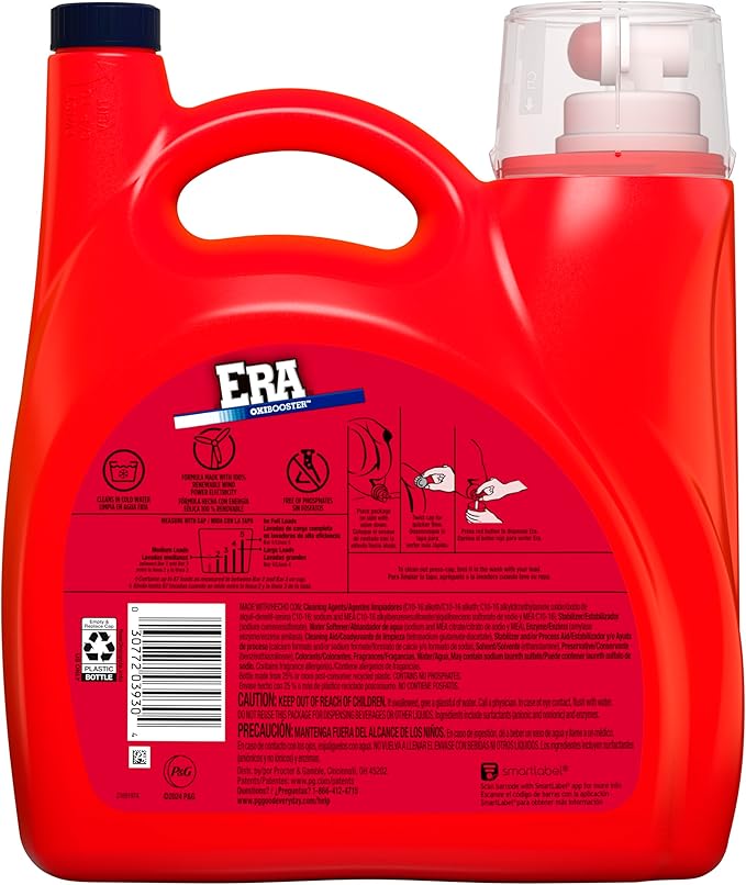 Era Oxibooster Liquid Laundry Detergent, 154 fl oz, 87 Loads Powerful Laundry Detergent for Stain Removal, Tough on Stains, Era Active Spot Fighter High EfficiencyDetergent