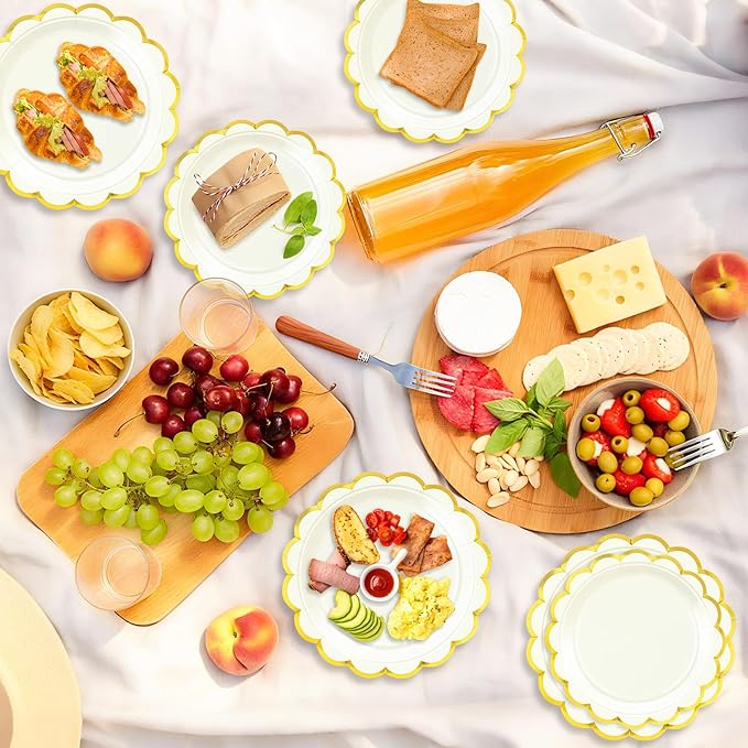 50 Pcs Ivory Paper Plates, 25 Pcs 9" and 25 Pcs 7" Disposable Ivory Scalloped Plates with Gold Foil for Graduation Wedding Baby Shower Birthday Party Picnic BBQ