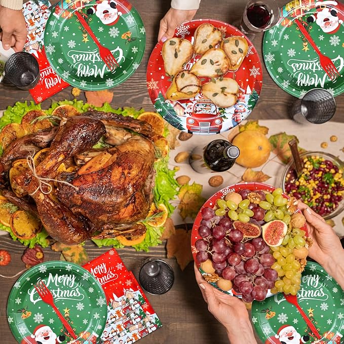 100 Pieces Christmas Party Tableware Set – Merry Christmas Disposable Plates, Napkins and Forks, Santa Snowman Red Green Dinnerware for Xmas Holiday Birthday and Winter Party Supplies