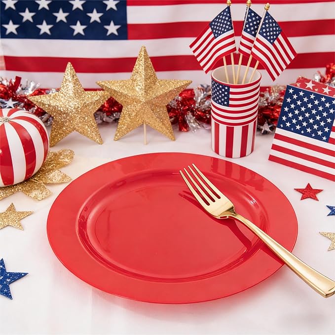 FLOWERCAT 60PCS Red Plastic Plates - Heavy Duty Red Plates Disposable for Party - Include 30PCS 10.25inch and 30PCS 7.5inch for 30 guests Birthday Party & Mother's Day &Events& July 4th