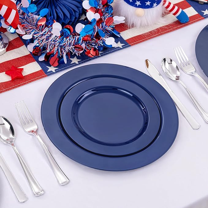 FLOWERCAT 60PCS Blue Plastic Plates - Heavy Duty Blue Plates Disposable (10.25" & 7.5") - serve for 30guest Birthday Party/Wedding/Presidents' Day/Memorial Day/Hanukkah