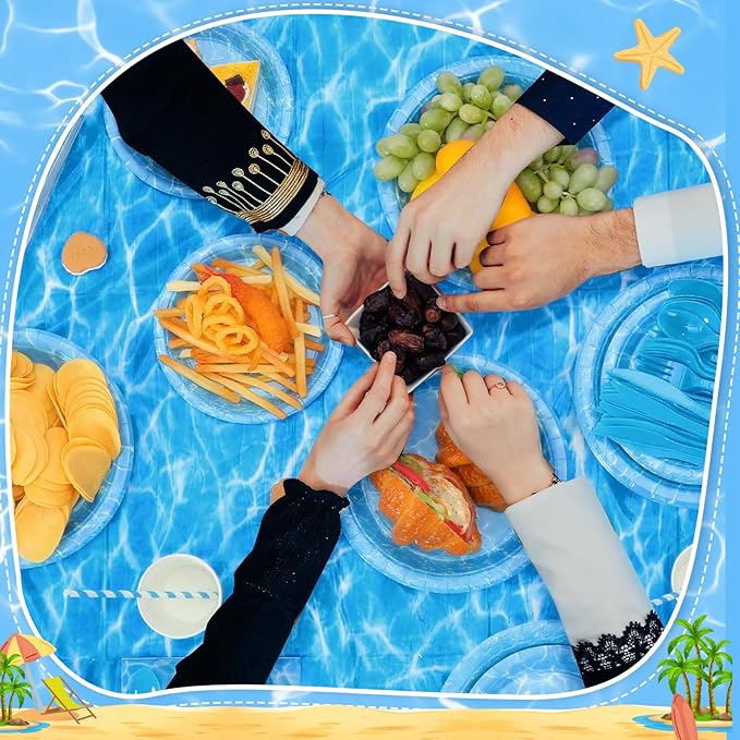 Pickmesh 400 Pcs Ocean Waves Party Decoration Set, Disposable Sea Paper Plates and Napkins, Cups and Cutlery Supplies Ocean Themed Birthday Party Tableware, Serve for 50 Guests