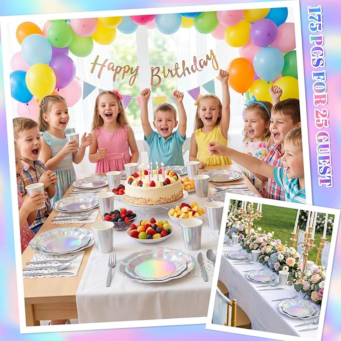 175 Pcs Iridescent Plates and Napkins Set, 25 Guest Iridescent Party Supplies Include Scalloped Plate Napkin Cup Forks Knives Disposable Plastic Cutlery for Birthda Bridal Wedding Disco