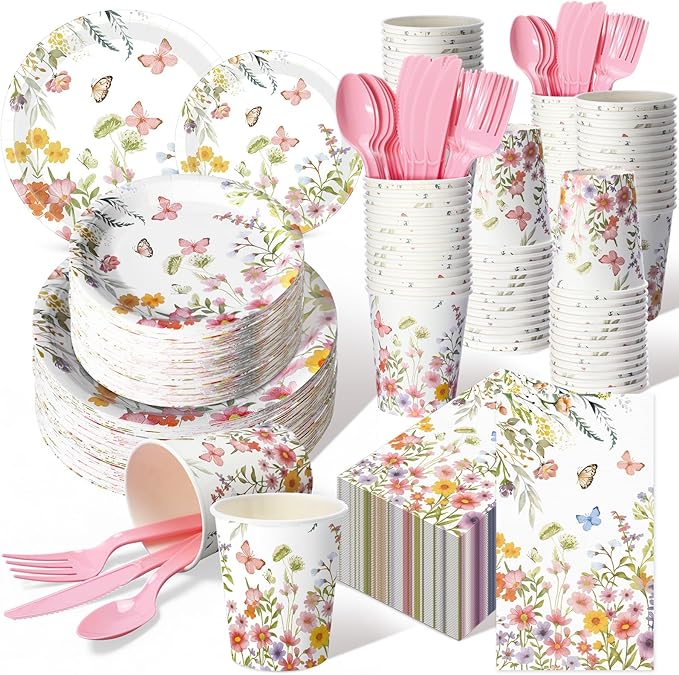 Sinmoe 400 Pcs Spring Plates and Napkins Set Paper Flower Dinnerware Disposable Party Supplies for 50 Guest Dinnerware Knife Fork Spoon for Spring Birthday Party (Pink,Floral)