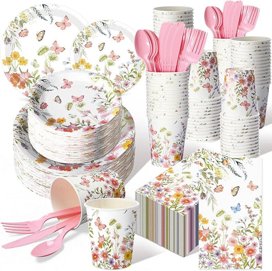 Sinmoe 400 Pcs Spring Plates and Napkins Set Paper Flower Dinnerware Disposable Party Supplies for 50 Guest Dinnerware Knife Fork Spoon for Spring Birthday Party (Pink,Floral)