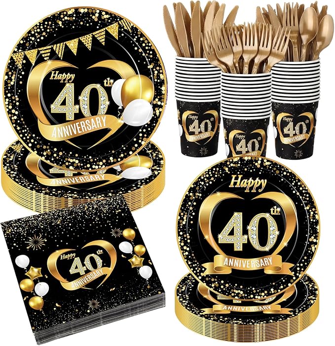 Pickmesh 400 Pcs 40th Wedding Anniversary Party Decorations Set, Includes 40th Anniversary Plates, Napkins, Cups, Cutlery for Birthday Wedding Party Favors, Serves 50 Guests