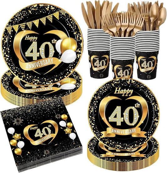 Pickmesh 400 Pcs 40th Wedding Anniversary Party Decorations Set, Includes 40th Anniversary Plates, Napkins, Cups, Cutlery for Birthday Wedding Party Favors, Serves 50 Guests