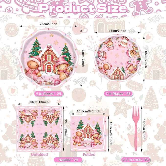 100 Pieces Pink Christmas Party Tableware Set – Gingerbread Round Plates, Napkins and Forks, Disposable Dinnerware for Christmas Birthday, Holiday and Winter Party Supplies