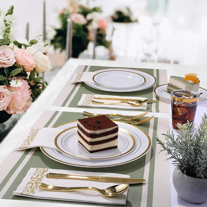 FOCUSLINE 175 Count Gold Dinnerware Set for 25 Guests - Gold Rimmed White Disposable Plastic Plates Heavy Duty, Includes 25 Dinner & Salad Plates, Cups, Cutlery Set for Wedding Parties
