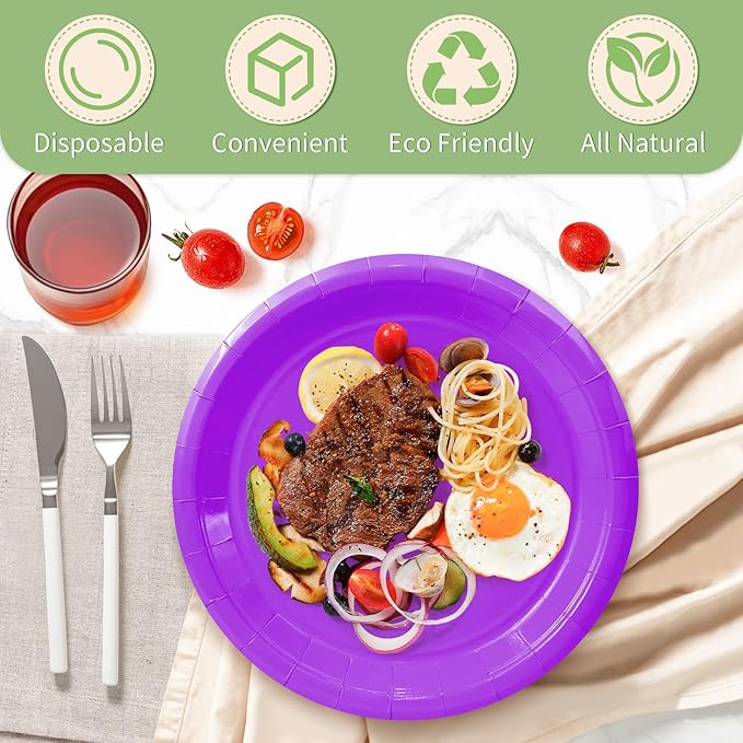 50 Pcs Purple Paper Plates, 9 Inch Disposable Dessert Plates for Valentines,Tea Party, Baby Shower, Birthday, Wedding, Graduation, Picnic, BBQ, Party