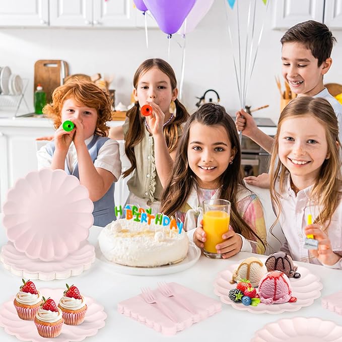 75 Pcs Pink Paper Plates and Napkins Disposable Tableware Set Include Light Pink Scalloped Plates with Shell Edge, Napkins & Forks for Mother's Day Wedding Baby Shower Birthday, Serve for 25 Guests