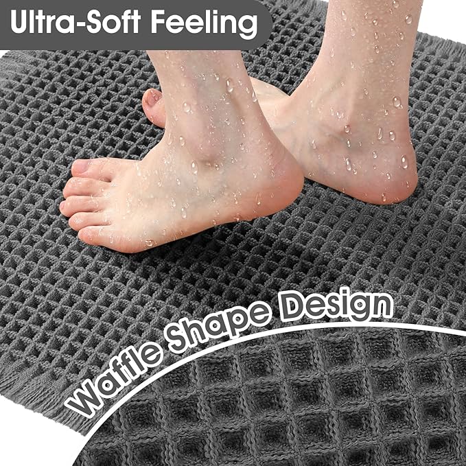 ACCUMTEK Upgraded Waffle Bath Mat, 32"x20" Grey, Super Absorbent Non-Slip Quick Dry Bathroom Rugs with Tassels, Machine Washable Ultra Soft Boho Bath Rugs for Floor, Toilet Mats Boho Farmhouse Decor