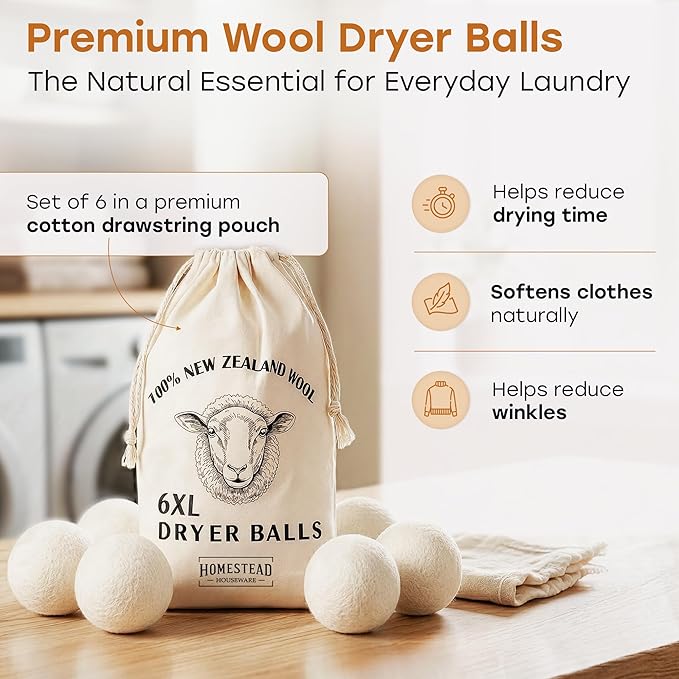 XL Wool Dryer Balls 6-Pack – 100% New Zealand Wool, Natural Fabric Softener & Static Reducer, Reusable Laundry Balls for Pet Hair, Eco-Friendly Dryer Sheets Alternative