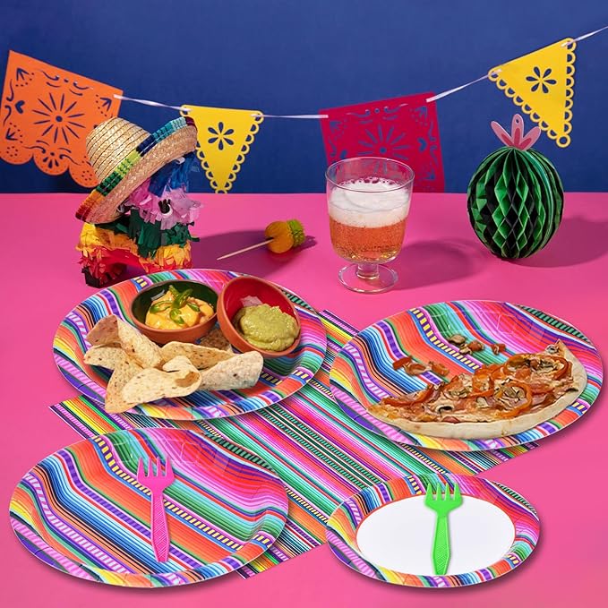 96 Pieces Mexican Fiesta Party Tableware Set - Colorful Serape Stripe Disposable Dinnerware with Paper Plates, Napkins, Plastic Forks - Cinco de Mayo, Taco Tuesday, Birthday, BBQ Party Supplies
