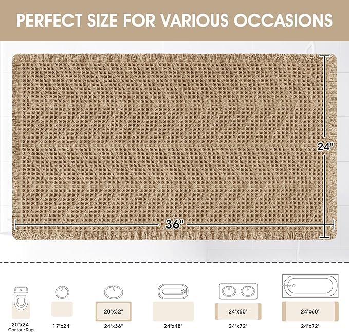 Upgraded Waffle Bath Mat, 36"x24" Beige-Herringbone, Super Absorbent Non-Slip Quick Dry Bathroom Rugs with Tassels, Machine Washable Ultra Soft Boho Bath Rugs, Toilet Mats Boho Farmhouse Decor