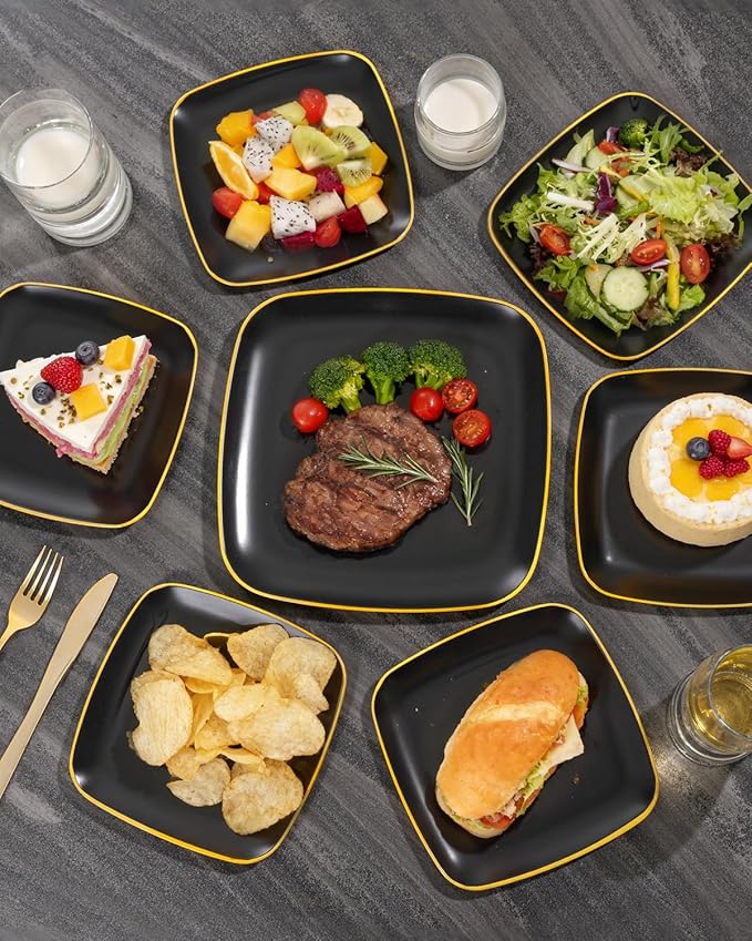 bUCLA 100PCS Black Plastic Plates with Gold Trim - Heavy Duty Black Gold Square Plates Disposable - Include 50 Each (Dinner & Dessert) for Party & Graduation