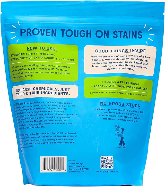 Aunt Fannie's Extra Strength Powder Laundry Detergent, Stain Fighting, Plant Based, Natural Ingredients, 70 Loads Per Bag, Eucalyptus, 44 Oz