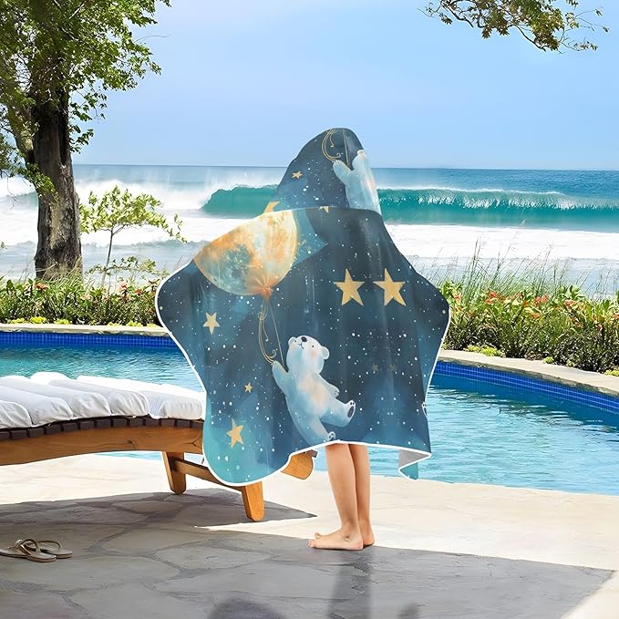 Hooded Towel for Kids Lovely Blue White Bear Flying in Starry Sky Beach Wrap Bath Towels 50x23.5in