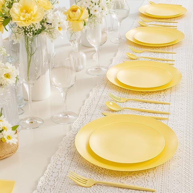 ejonirinjonir EI 150pcs Yellow Plastic Plates,Heavy Duty Bright Disposable Plate,Fancy Plastic Plates for Party,Yellow Dishes for Wedding,Easter,Afternoon Tea Party,Spring