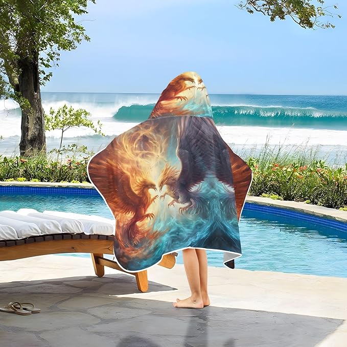 Hooded Towel for Kids Ice and Fire Phoenix in Space Beach Wrap Bath Towels 50x23.5in