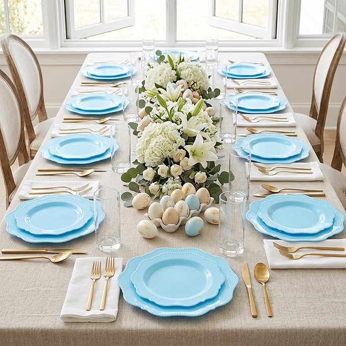 COLOSUS 60Pcs Blue Plastic Plates, Light Baby Blue Party Plates, Heavy Duty 30 Dinner plate 10.5” and 30 Salad/Dessert Plate 8.25” for Easter day, Party,Dinner