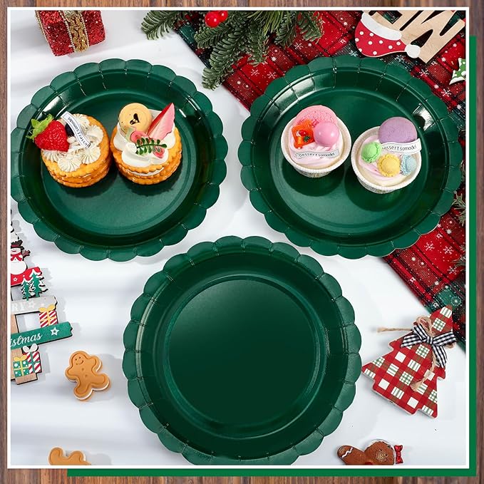 NatNarr 30 Pcs Dark Green Plates 9 Inch Scalloped Green Paper Plates Disposable Dessert Dinner Plate for Wedding, Master Party, Bridal Baby Shower