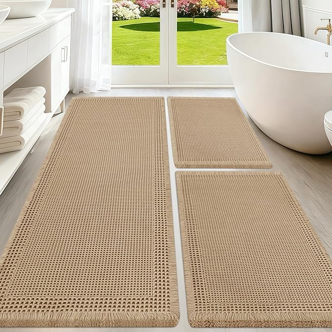 Upgraded Waffle Bath Mat Set 3 Piece Beige-Bordered, Super Absorbent Non-Slip Quick Dry Bathroom Rugs with Tassels, Machine Washable Ultra Soft Boho Bath Rugs for Floor, Bath Mats Boho Farmhouse Decor