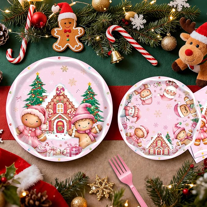 96 Pieces Gingerbread House Plates and Napkins Tableware Set, Pink Christmas Disposable Dinnerware with Paper Plates Napkins and Forks for Xmas Party Supplies Winter Holiday Birthday Decor - Serves 24