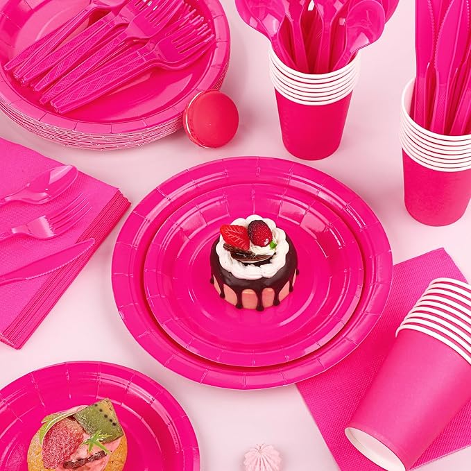 Kochorie 169 Pieces Hot Pink Party Supplies Disposable Dinnerware Set Include Plates and Cups Napkins Plastic Forks Knives Spoons Tablecloth for Wedding Birthday Party Decorations, Serve 24 Guests