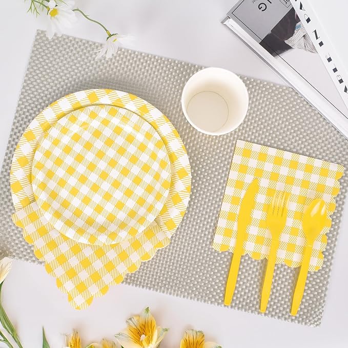 Vyntra Checkered Gingham Paper Plates and Napkins Set for 50" 9" Dinner Plates & 7" Dessert Plate, Birthday Party (Yellow Gingham, 175 Pcs)