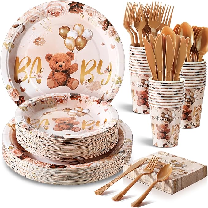 FillTouch 350 Pcs Bear Baby Shower Party Supplies Set Bear Disposable Paper Plates Napkins Cups Knives Forks Spoons for 50 Guests Baby Shower Party Birthday